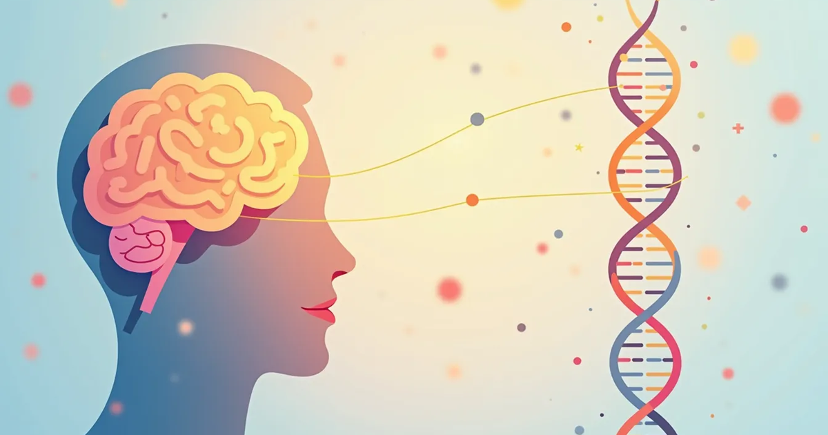 Illustration of a human brain linked by soft lines to a colorful DNA double helix on a light background